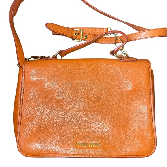 Miu Miu Orange Madras Leather Push Lock Flap Top Handle Bag - Picture 2 of 9